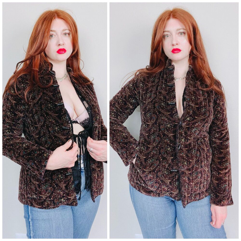 1970s Vintage Brown Velvet Paisley Jacket / 70s High Neck Quilted  Medium
